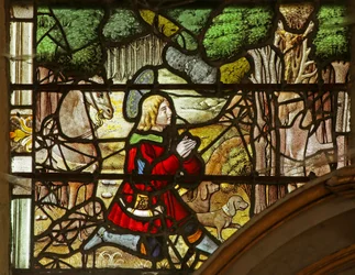 Raam met Sint Eustache die een visioen van Christus heeft tussen de Geweien van het Hert